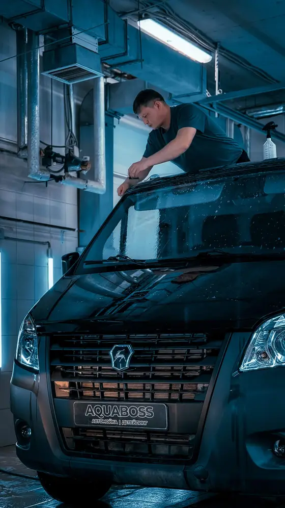 A detailer working across a van's windscreen